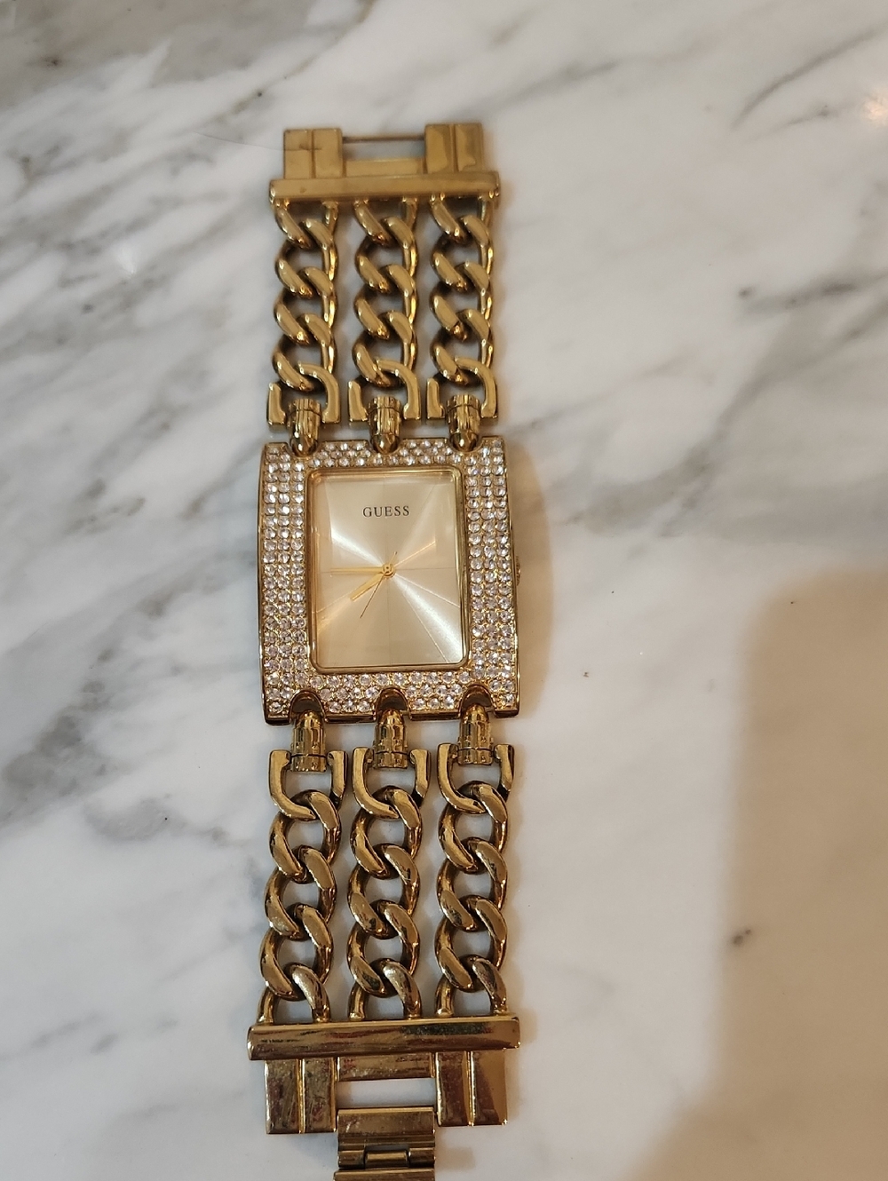 GUESS Gold Crystal-Embellished Triple Chain Bracelet Watch